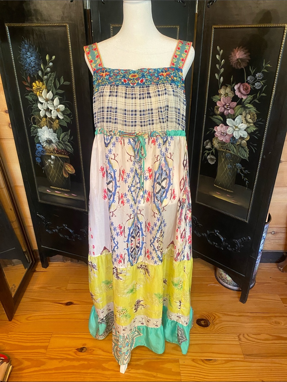 Johnny Was tiered multi fabric and embroidered maxi dress